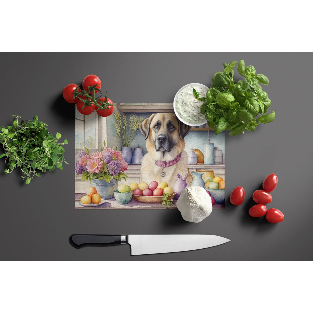 Decorating Easter Anatolian Shepherd Dog Glass Cutting Board 12 in x 15 in