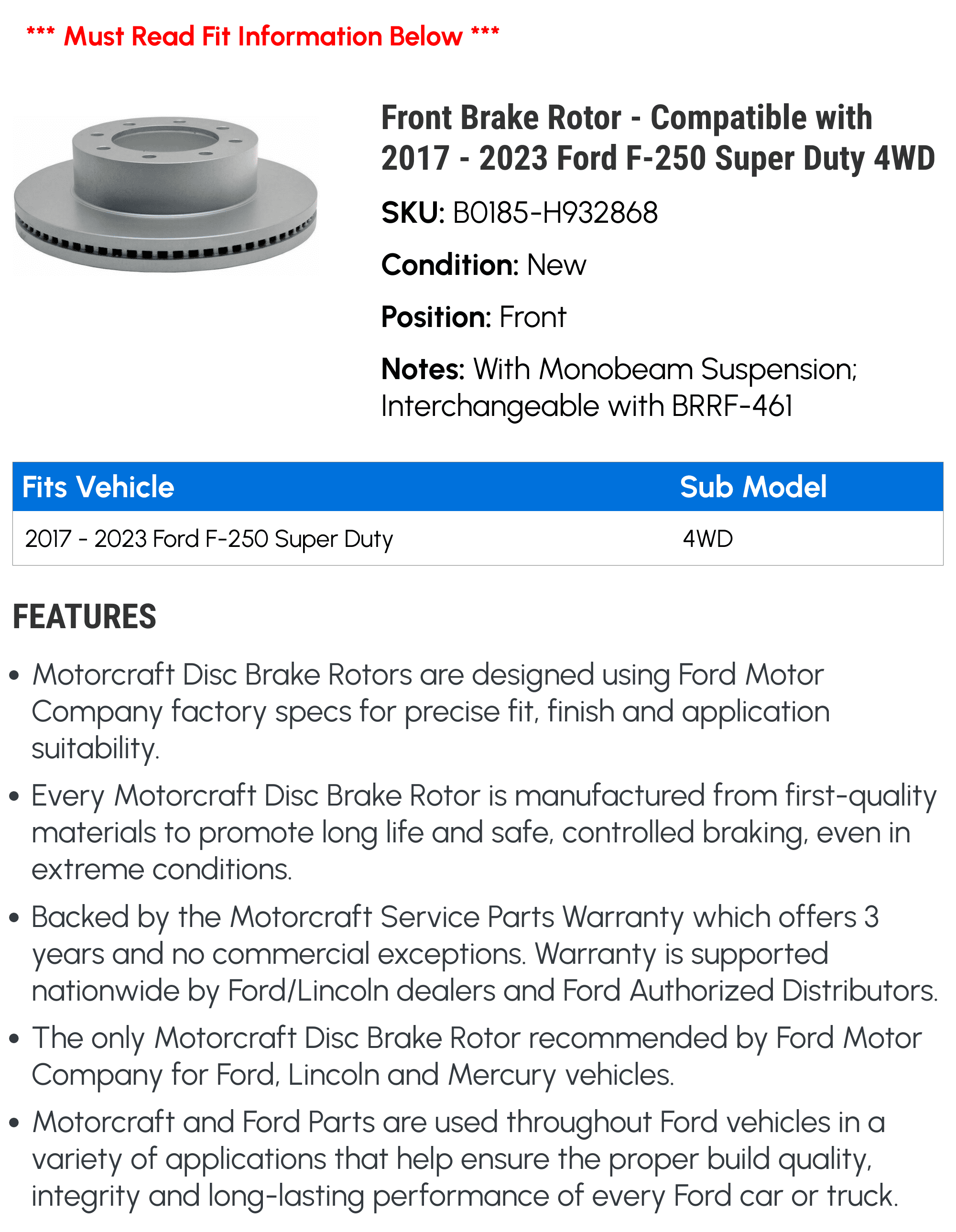 Front Brake Rotor - Compatible with 2017 - 2023 Ford F-250 Super Duty 4WD 2018 2019 2020 2021 2022