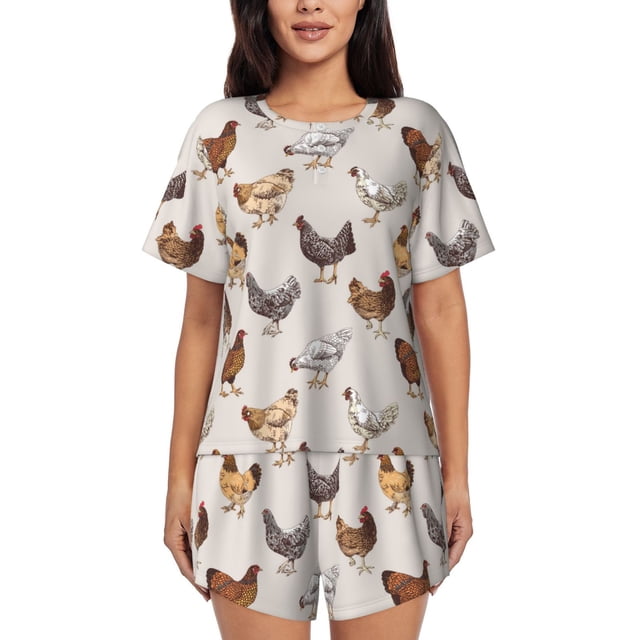 Balery Various Chicken Conjunto de Pijama para Mujer con Estampado, Dos Piezas de Manga Corta y Shorts, Ropa de Dormir Suave con Cuello Redondo y Bolsillos-X-Large