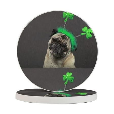 

Circular Drink Coasters Set Cute Pug Dog St. Patrick S Day Beautiful Home Decor Diatomite Heat-Resistant Diatomite Protect Table Countertop