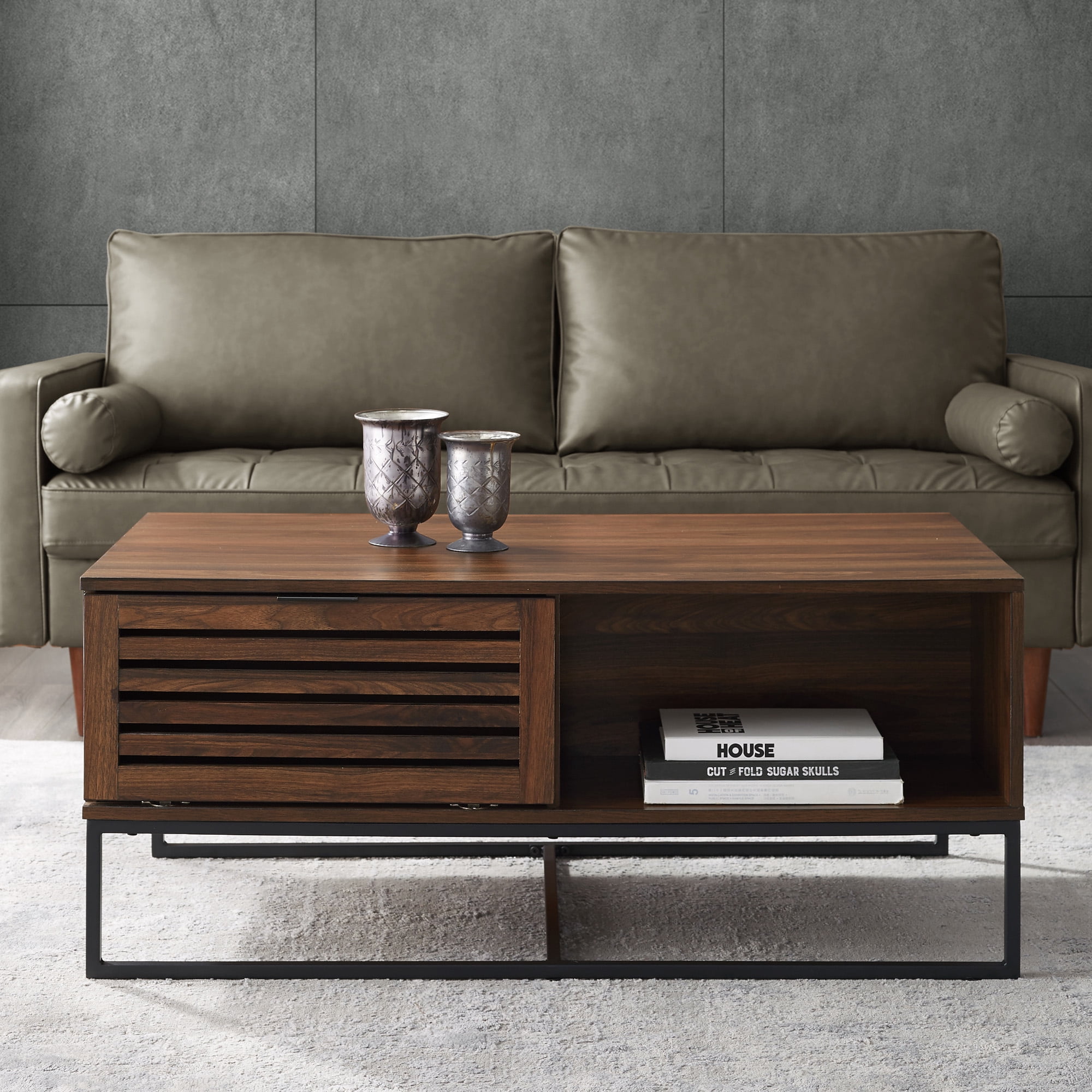 Niantic Modern Slat Door Storage Coffee Table, Dark Walnut