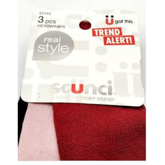 Scunci 3 piece Headwraps- Burgundy with embellished pearls, Pink and Black Solid
