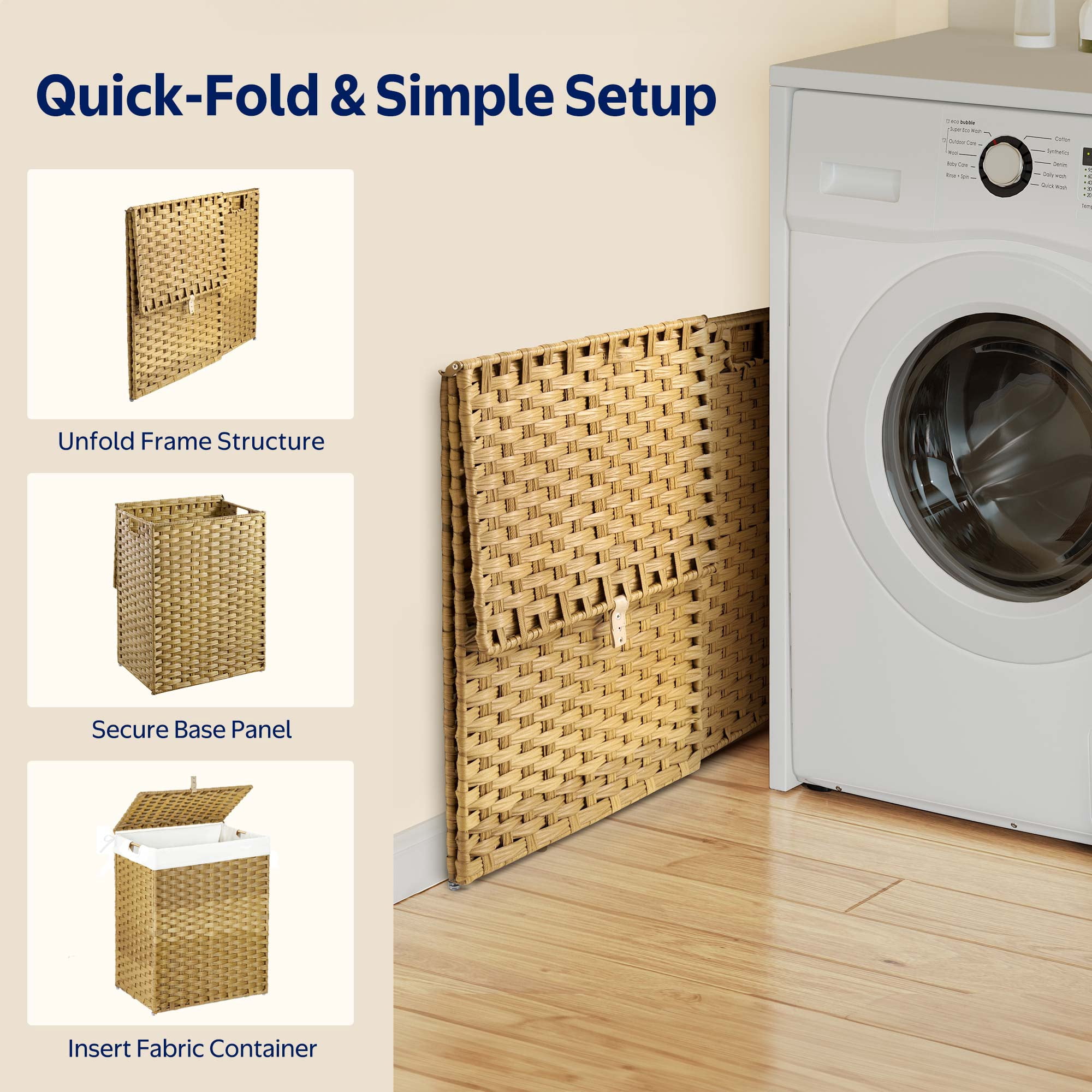 Rolanstar 110L Laundry Hamper Wicker Laundry Basket with Lid, Handles Clothes Hamper Foldable with 2 Removable Liner Bags, Natural