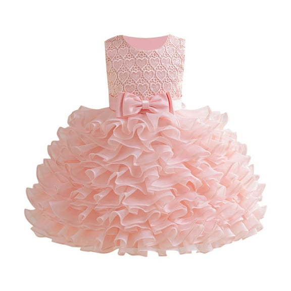 Hduncf Girls' Bow Sleeveless Tulle Princess Dress Pure Color Elegant Cake Dress Embroidered Heart Lace Wedding Birthday Party Dress Pink 5 Years
