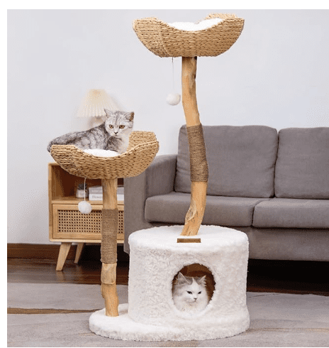 RONSHIN 43" Modern Wood Cat Tree, White Aesthetic Cat Tower w/ Large Basket, Scratching Posts, Real Branch Design