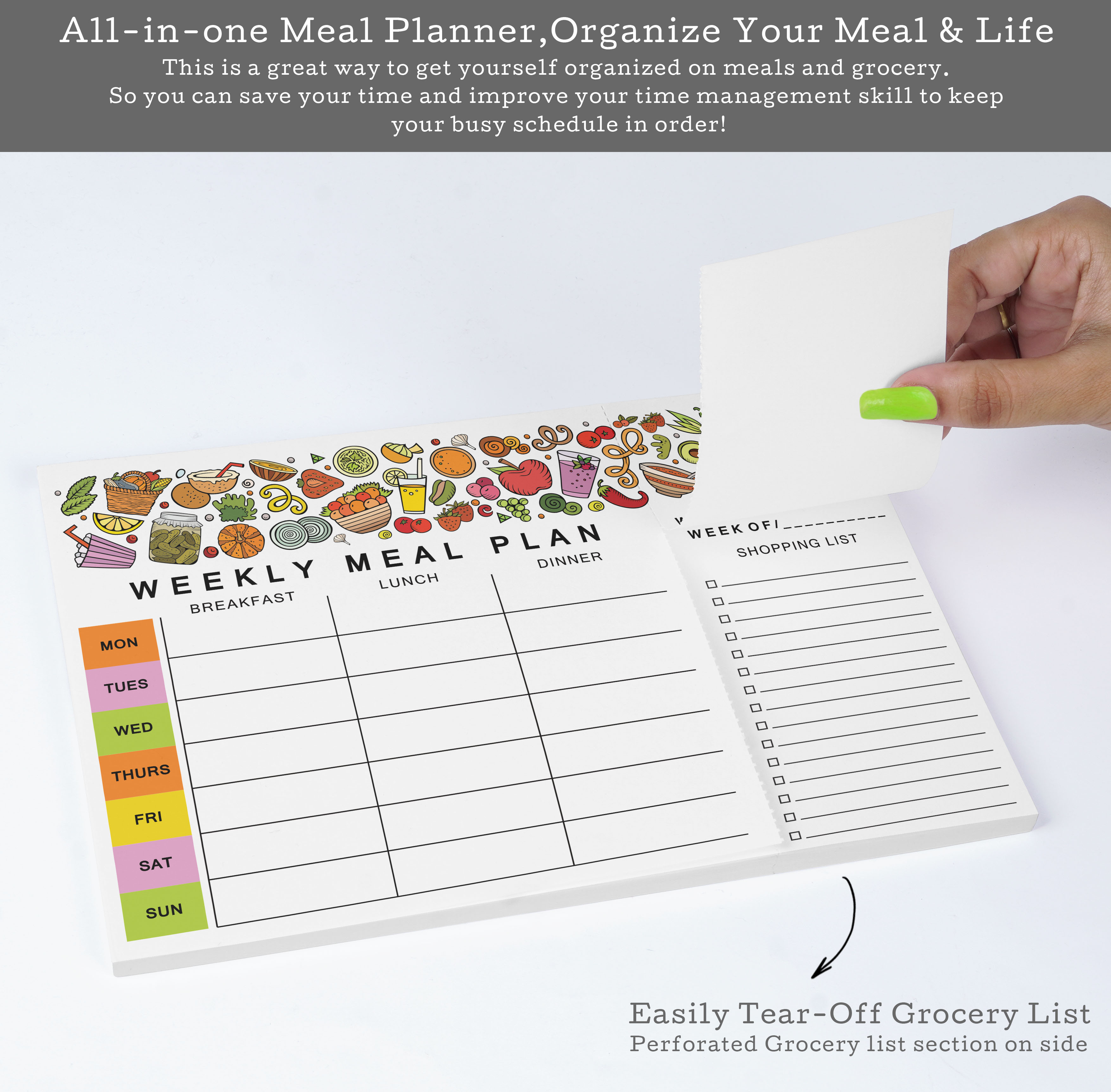 Inkdotpot Weekly Meal Planner Notepad 7"x10 , "Weekly Meal Plan" Magnetic Meal Planning Pad with Tear Off Grocery Shopping List for Fridge- Kitchen & Home - 54 Sheets -V8