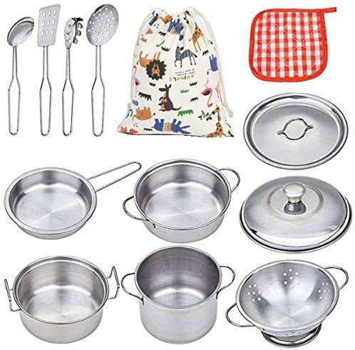 GEYIIE Kids Kitchen Playset Cooking Utensils Set with Stainless Steel Cookware for Boys Girls Toddlers Learning Tool Pretend Play Kitchen Accessories Toys 