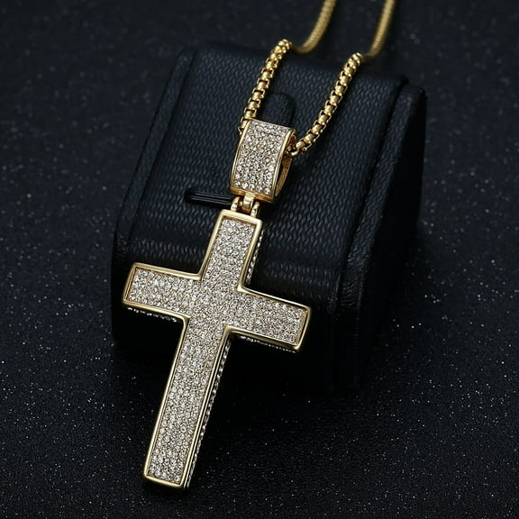 Iced Out Chain Big Cross Pendant Necklace 14K Yellow Gold CZ Cross Necklaces Bling Cubic Zircon Men's Hip Hop Jewelry