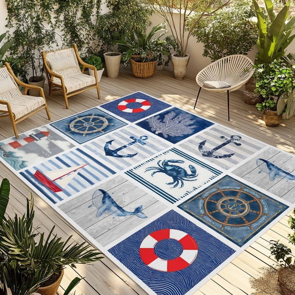 Nautical Coastal Outdoor Rug for Patio/Deck/Porch, Non-Slip Large Area Rug 3 x 5 Ft, Ocean Anchors Animals Starfish Shells Blue Indoor Outdoor Rugs Washable Area Rugs, Camping Rug Carpet Runner