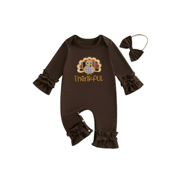 BemeyourBBs Girl Thanksgiving Turkey/Letter Embroidery Jumpsuit with Headband