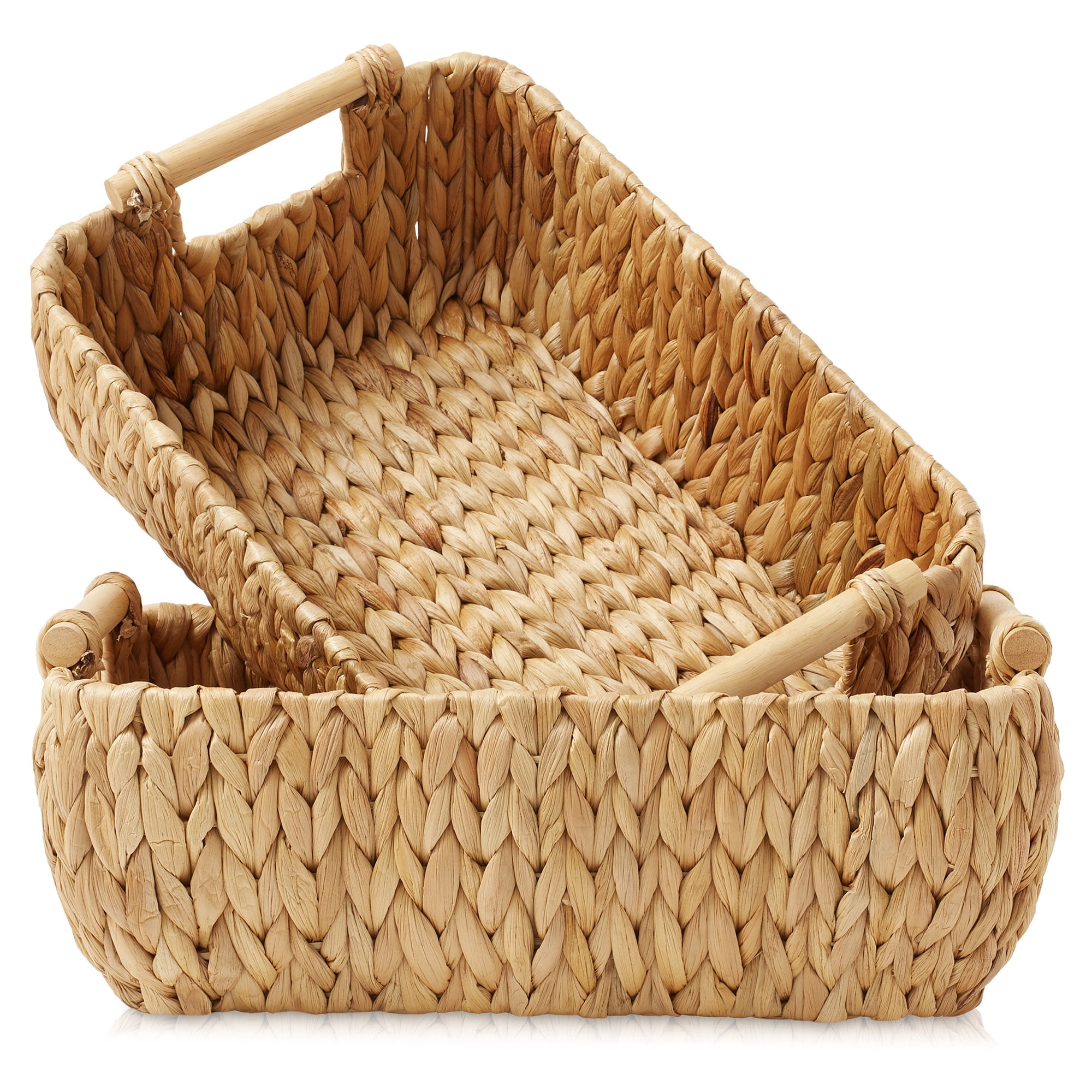 Casafield (Set of 2) Water Hyacinth Oval Storage Baskets with Wooden Handles - Medium Woven Bin Organizers