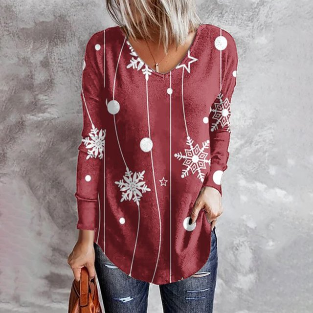 Pntutb - Camiseta de manga larga con cuello en V para mujer, informal, con estampado de copos de nieve de Navidad Pntutb Pntutb-7259