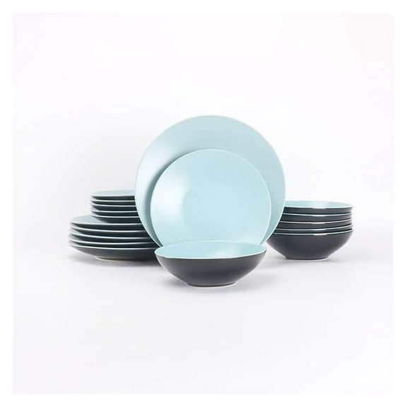 Stoneware Dinnerware Set 18pc - Two-Tone Black & Turquoise Coupe Shape - Dishwasher & Microwave Safe - Service for 6