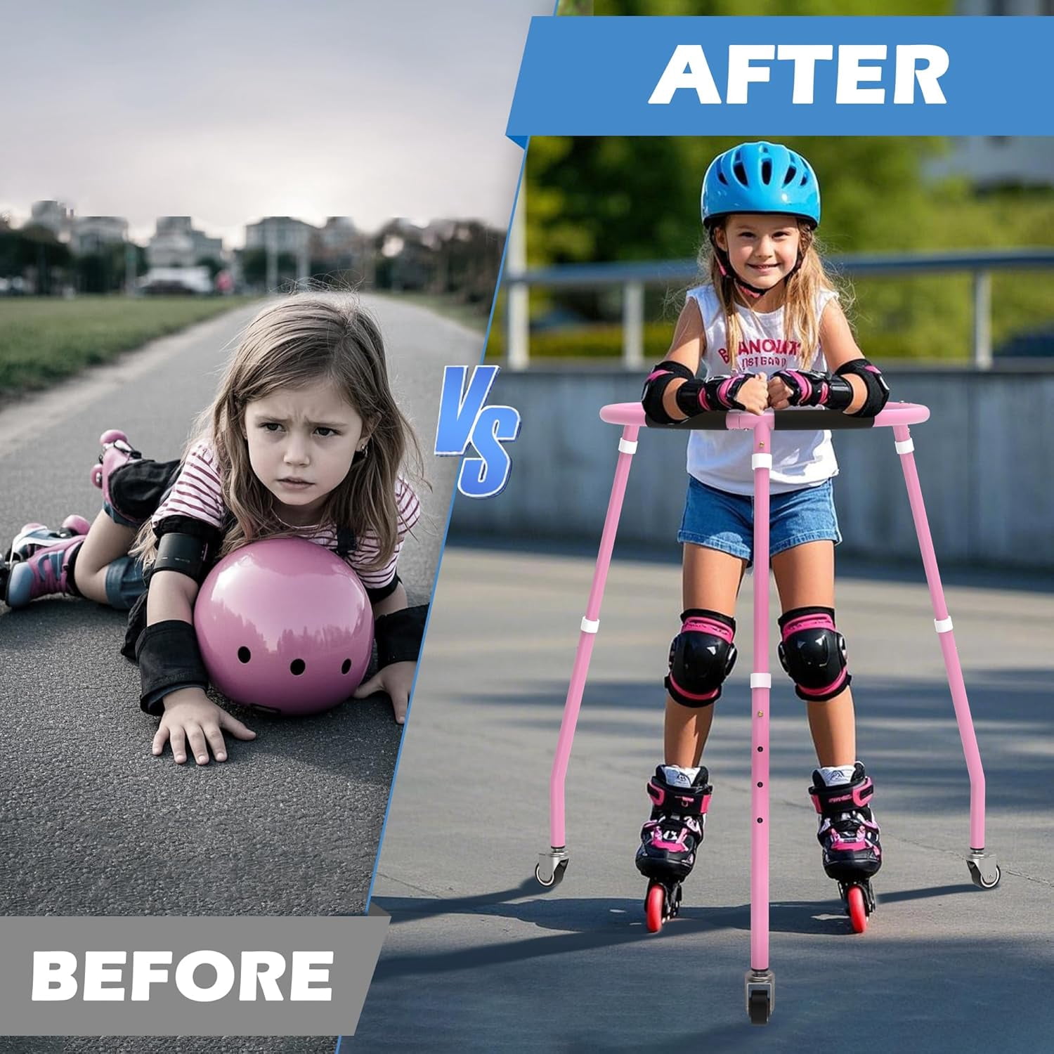 GanFindX Adjustable Skater Aid for Kids, Toddler Roller Skate Trainer with 3 Silent Wheels, Metal Frame, Height 70-85cm, Outdoor Skating Walker,Pink