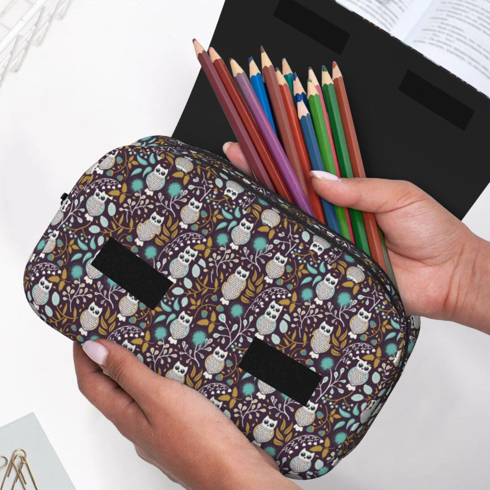 Rateoe Forest Cute Owl Pattern Double Clamshell Pen Case, Storage Organizer with Two Zipper Compartments– Holds Up to 50 Pencils & Pens