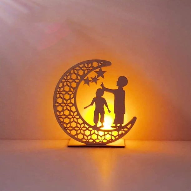 Luz de noche artesanal, luces LED de madera 3D hechas a mano con forma de luna y estrella, decoración de lámparas para Ramadán Mubarak, adornos para fiestas en el hogar, dormitorio, regalo de Eid