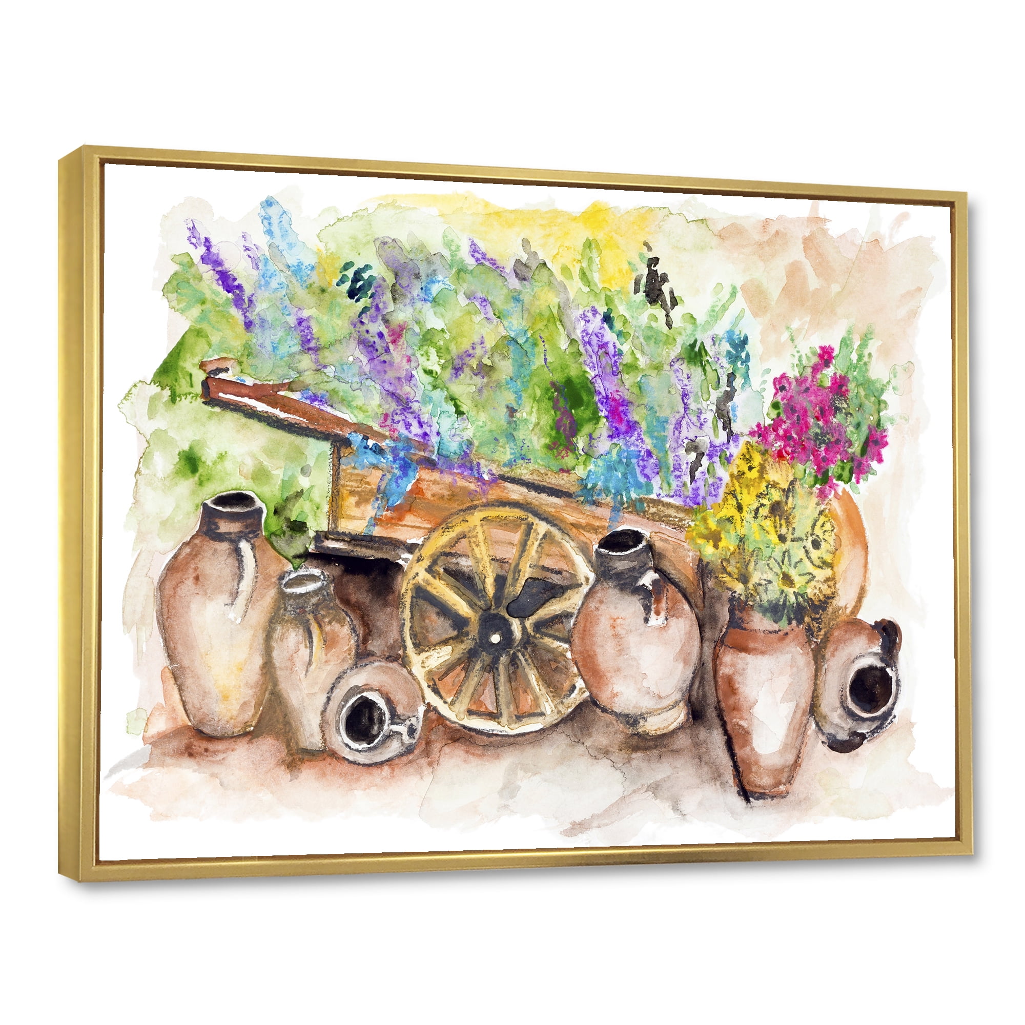 Designart 'Lavender Flowers On Ancient Cart Illustration' Traditional Framed Canvas Wall Art Print