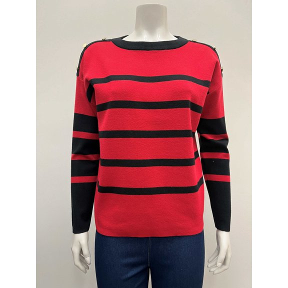 Ninety Women's pullover striped long sleeve crew neck Sweater with silver metal buttons on shoulders .