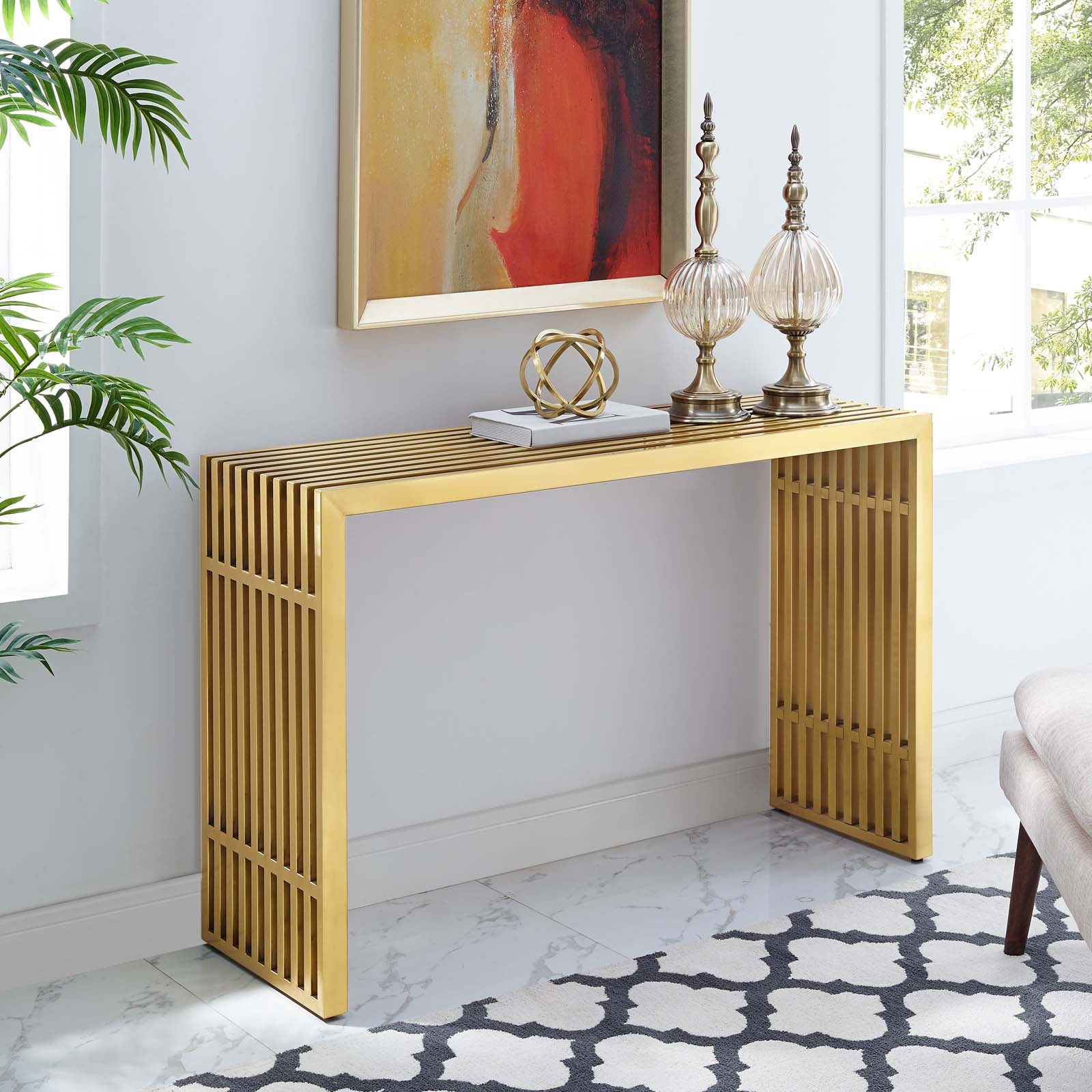 Modway Gridiron Stainless Steel Console Table in Gold