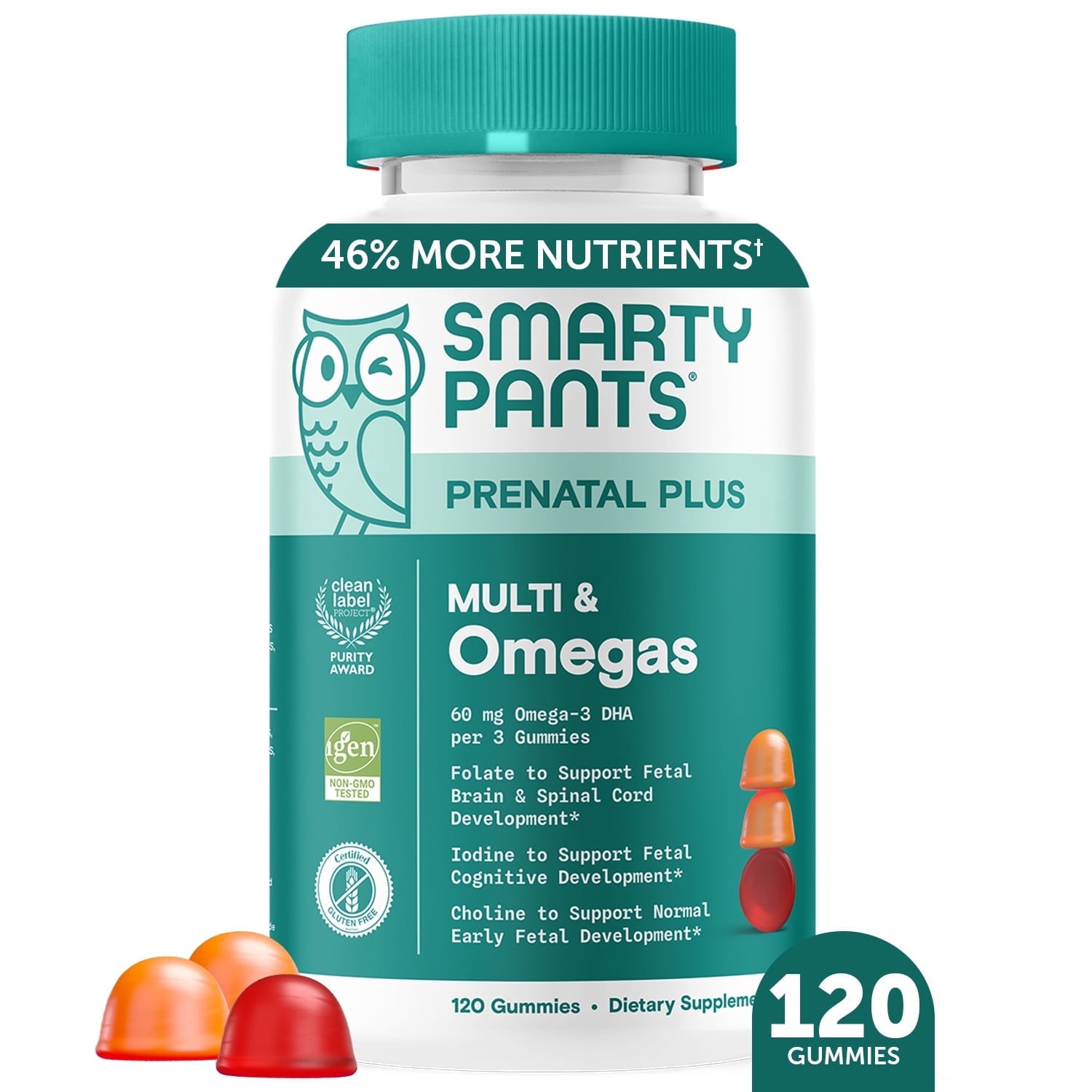 SmartyPants Prenatal Plus Multi & Omega-3 Gummies, Improved Formula, 50% Less Sugar, 120 Ct