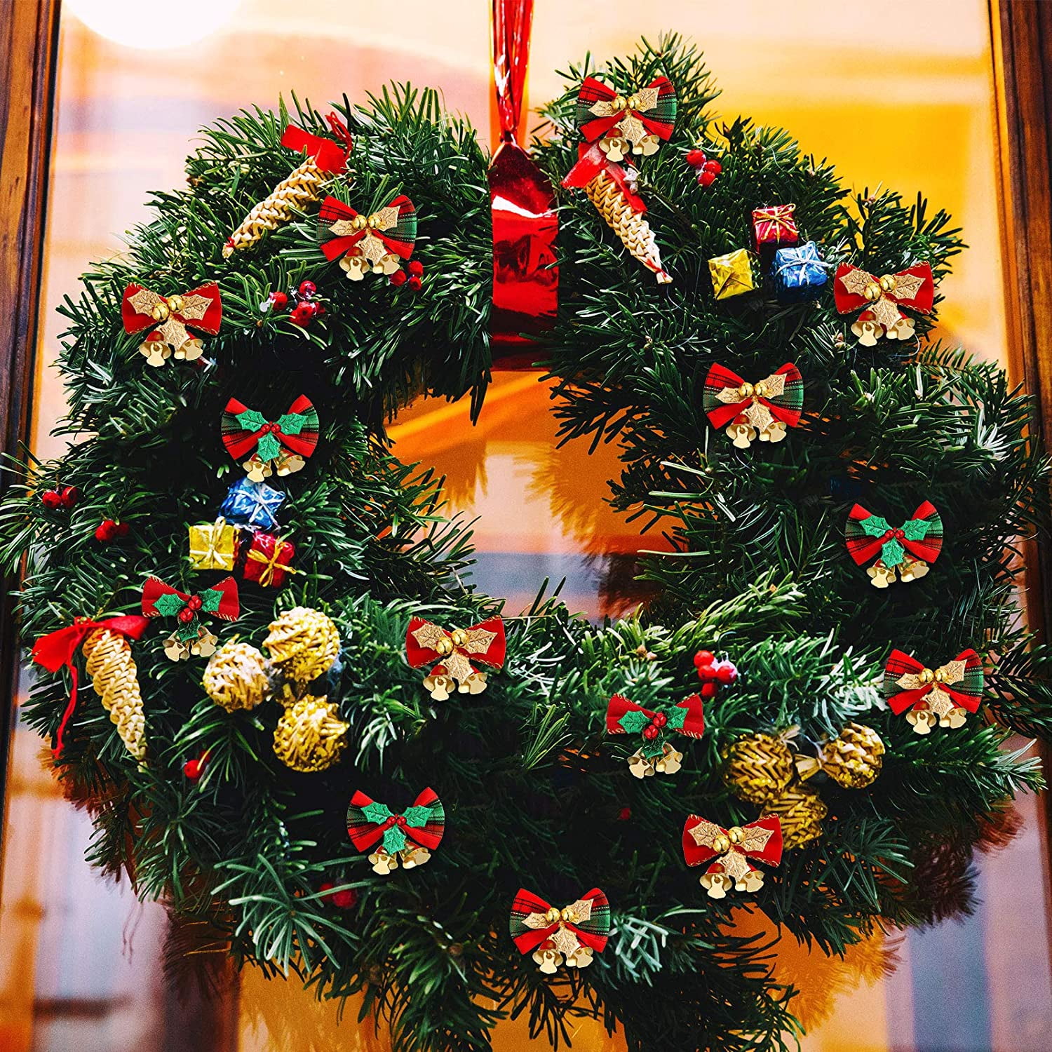 40PCS Christmas Bow with Bells for Crafts Christmas Mini Bowknot Ornament Craft Present Bow Christmas Tree Wreaths Hanging Decor