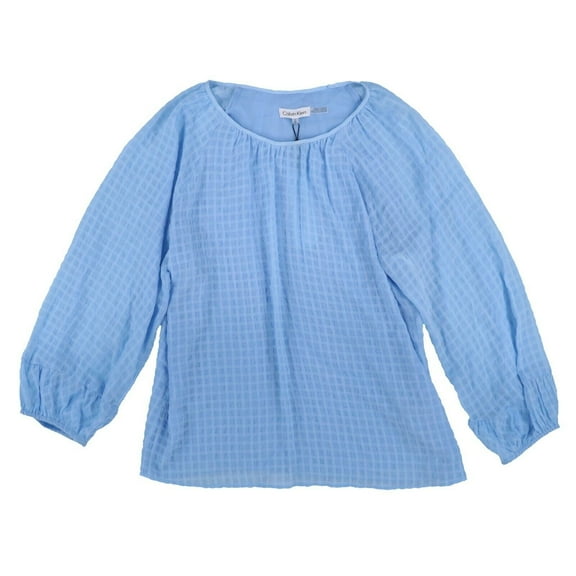 Calvin Klein Women's Blouse Long Balloon Sleeve Lightweight Textured Blue Medium