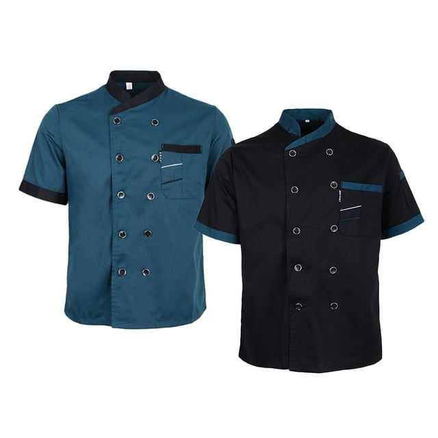 Paquete de 2 ropa de chef, camisas de trabajo de manga corta, chaqueta de cocinero, , uniforme de cocina de hotel, mediano, azul y negro Macarena Chaqueta de chef para hombres