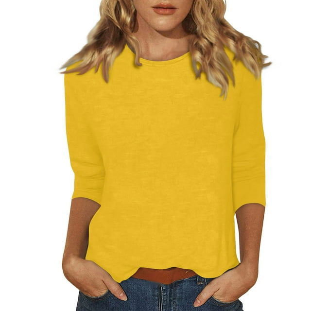 DENGDENG Womens Plus Size 3/4 Sleeve Tops Casual Round Neck T Shirts Boho Elbow Sleeve Summer Blouses Loose Three Quarter Length Shirts Petite Spring Clothes Yellow XL