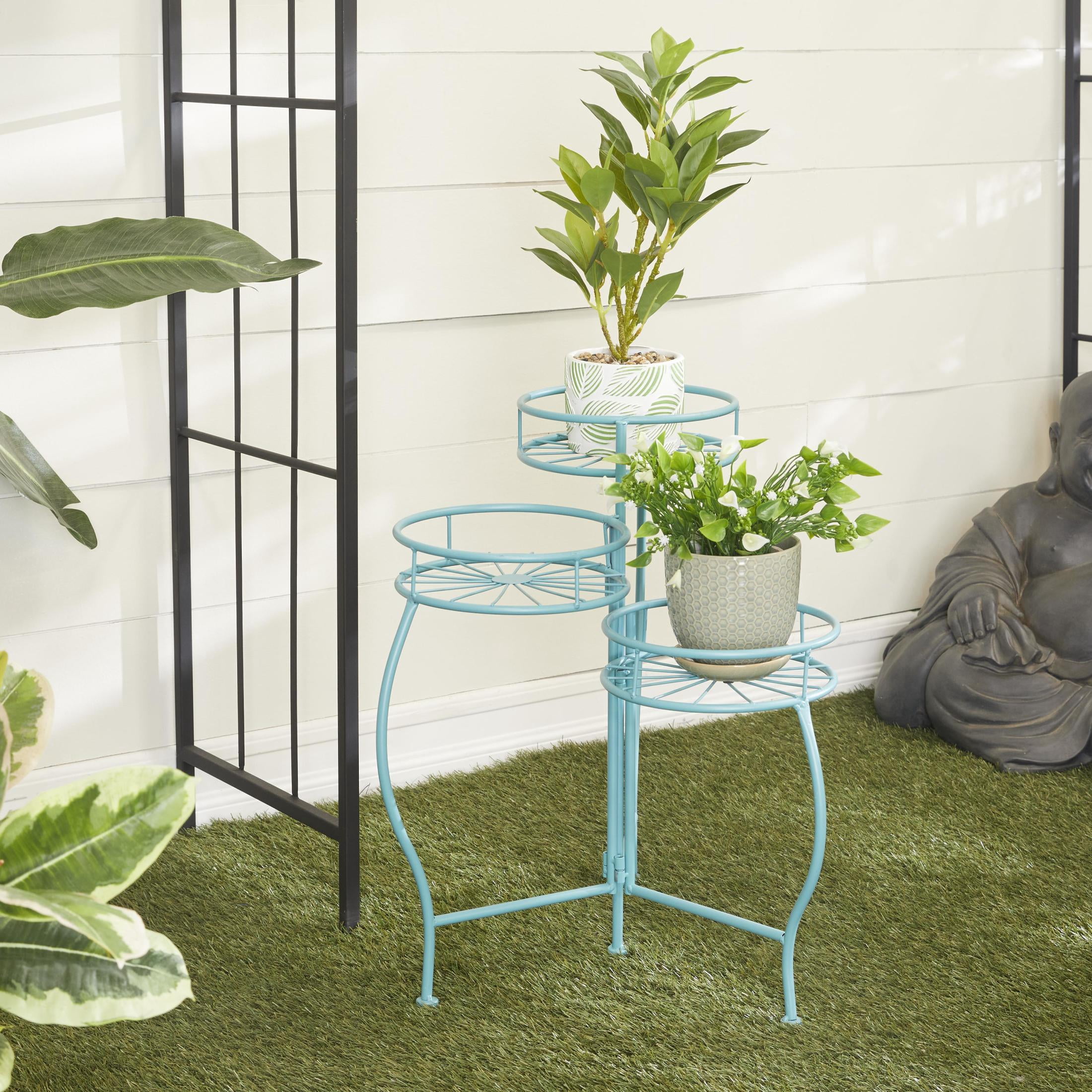 DecMode 19" x 18" x 21" 3 Tier Blue Metal Starburst Plantstand