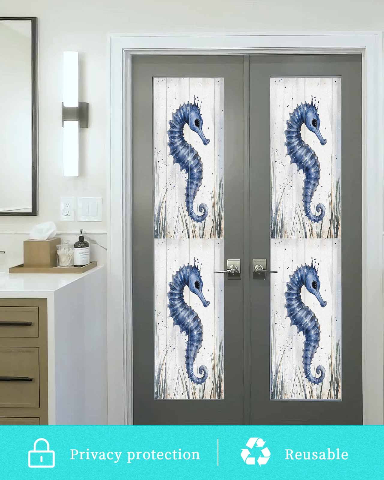Window Privacy Film Coastal Seahorse Stained Glass Window Film Decorative Sun Block Window Cover Vintage Summer Beach Botanical Window Clings Static Adhesive Sticker for Bathroom 29.5"x118"