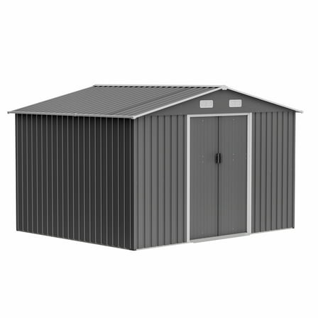 10X8 FT Outdoor Tool Storage Shed with Metal Foundation & Lockable Doors, All Weather Metal Sheds for Garden, Patio, Backyard, Lawn, Gray