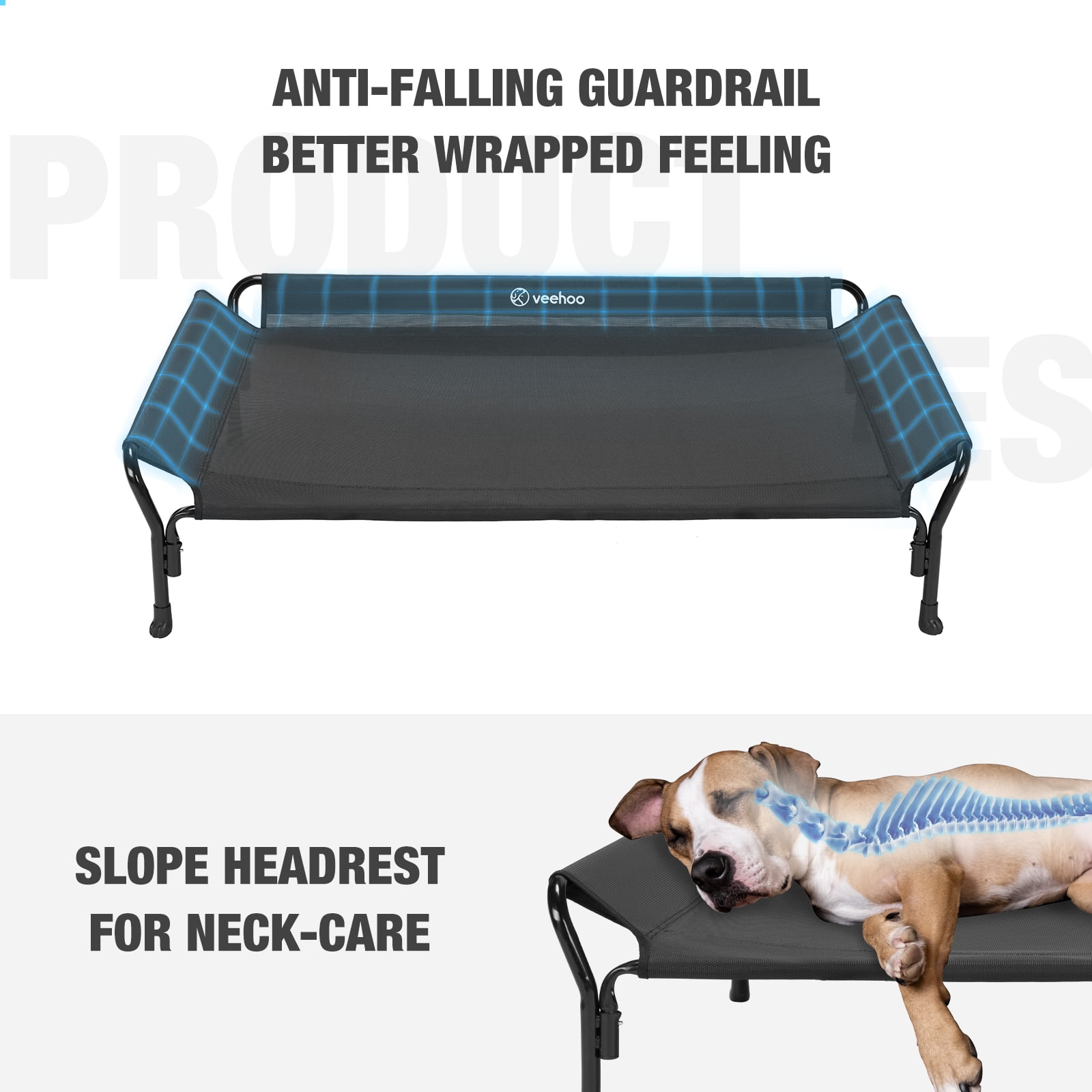 Veehoo Cooling Elevated Dog Bed with Guardrail & Slope Headrest, Teslin Mesh, Medium, Black