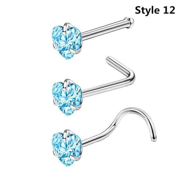 QQTDFG 20G AAA Cubic Zircon Nose Studs Piercing Women Stainless Steel Nostril Piercing-Style 12 (3PCS)
