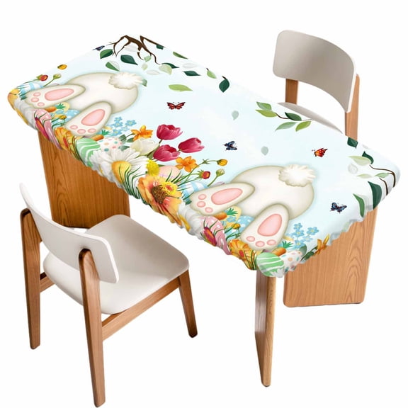 Easter Table Cloths for 4 Foot Rectangle Tables, Spring Watercolor Eggs Country Tulip Flower Plant Patio Waterproof Elastic Fitted Tablecloths, Washable Rectangular Table Cover for Camping
