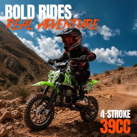 4-Stroke Gas Dirt Bike,39cc Gas Powered Off-Road Mini Bike,Mini Dirt Bike with 20mph Max Speed & 27 miles Max Range,Adjustable Suspension, Dual Disc Brakes,Epa Certified