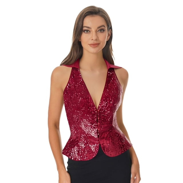 renvena Womens Sequin Suit Vest Sleeveless Open Front Glitter Waistcoat Deep V Tops Gogo Rave Party Burgundy XL