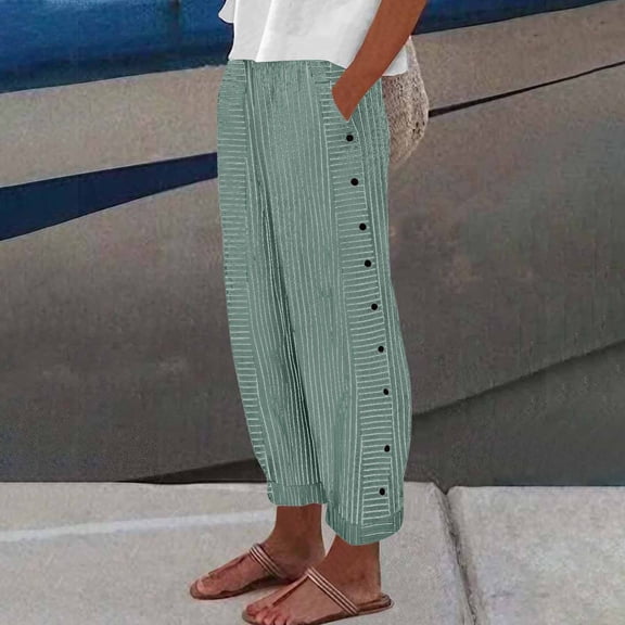 Women Striped Print Side Button Casual Pants, Elastic Waist Loose Straight Pocket Comfort Long Trousers 01-Army Green XXL