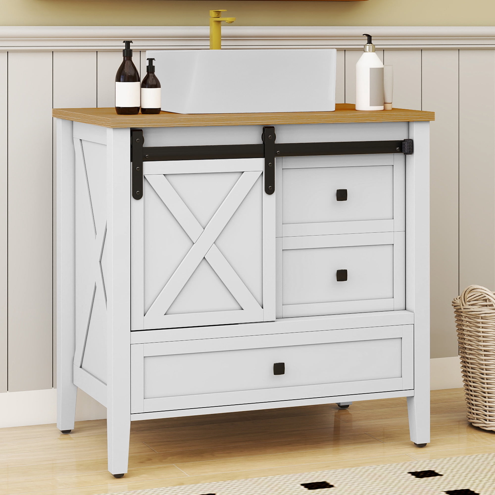 Uforic 36 Inch Bathroom Vanity with Ceramic Sink Basin, Farmhouse Style, Sliding Barn Door Cabinet & 3 Drawers, Freestanding Storage Vanity for Bathroom/Apartment, White
