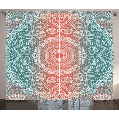 Coral And Teal Curtains 2 Panels Set Modern Tribal Mandala Tibetan Healing Motif With Floral Geometric Ombre Art Window Drapes For Living Room