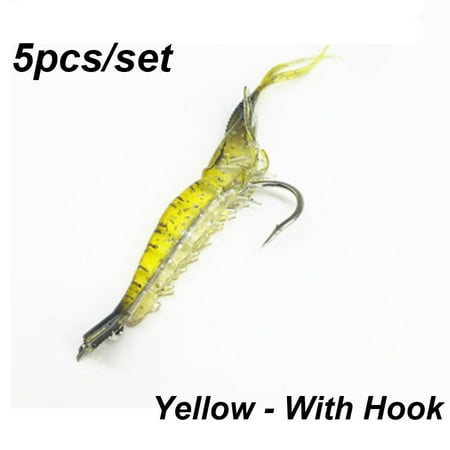 5Pcs/Lot New Creative Sea Fishing Biomimetic Single Hook Shrimp Fake Bait Silicone Prawn Lure Hook Worm Silicone YELLOW - WITH HOOK