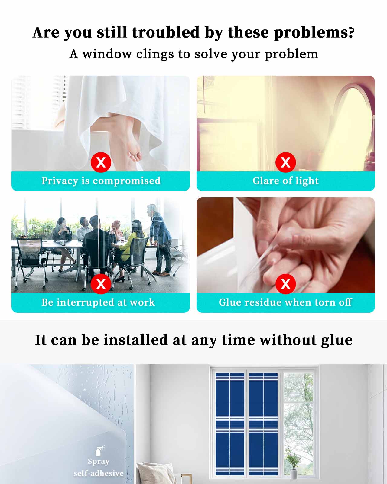 Window Privacy Film, Blue Stripes UV Sun Blocking Window Tint Film Heat Control One Way Blackout Window Film, Farmhouse Modern White Vertical Lines Non Adhesive Static Cling Sticker 17.7x78.7 In