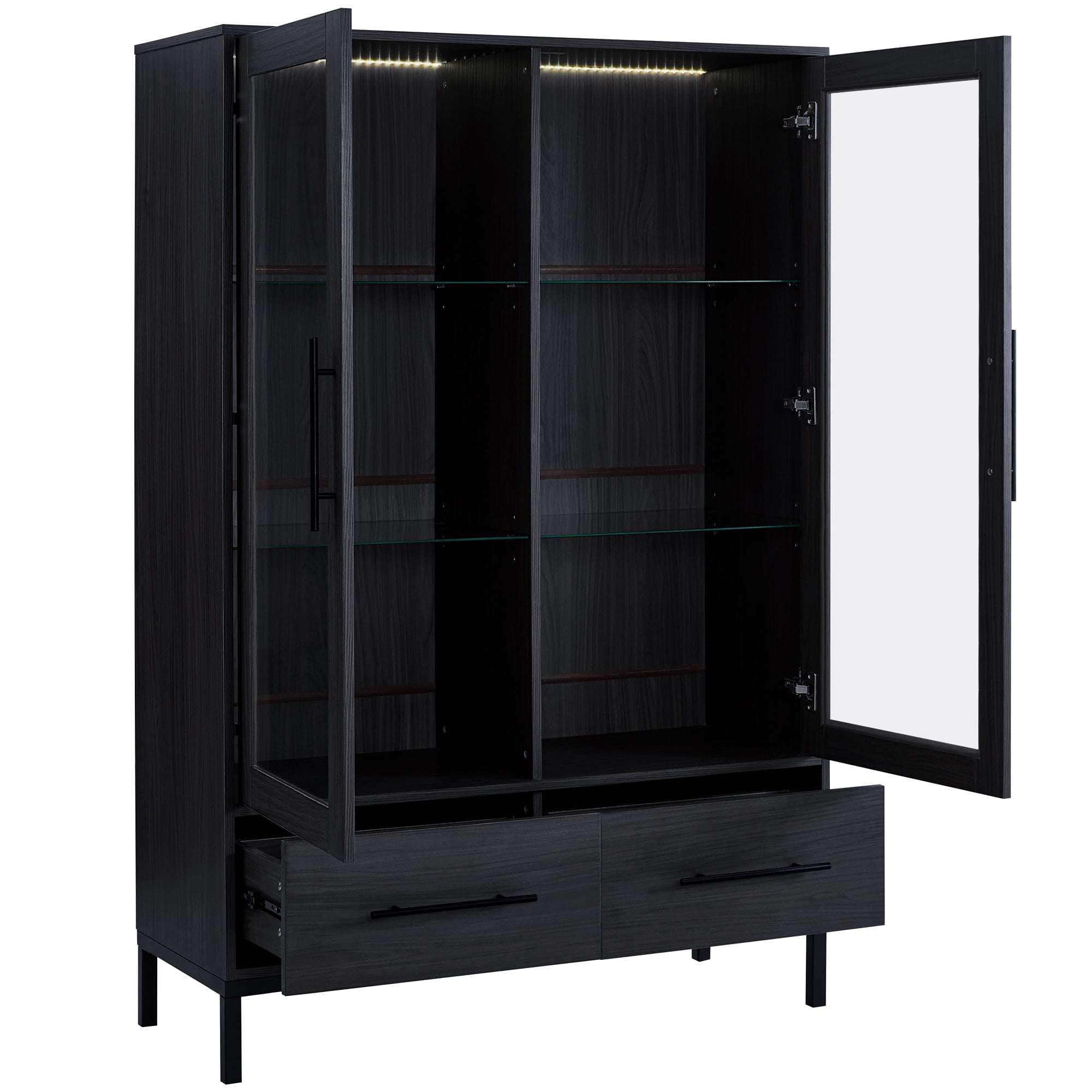 Euroco Modern LED Lighted Display Cabinet with Glass Shelves and Drawers,Storage Curio Cabinet with Adjustable Shelves and Metal Legs, Showcase