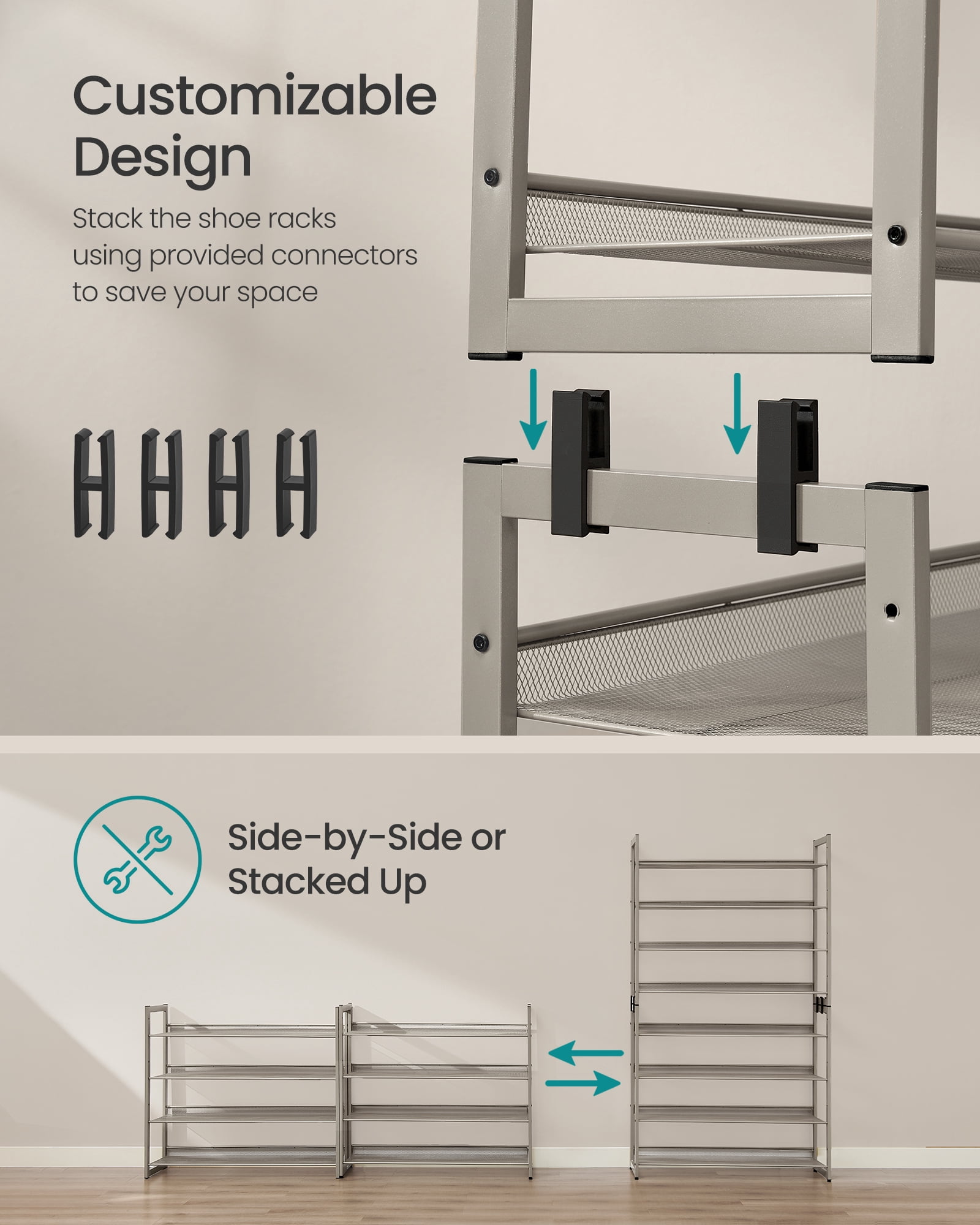 8-Tier Metal Shoe Rack Organizer, Set of 2 Stackable Shoe Shelves with Adjustable Flat or Angled Shelves, Holds 32-40 Pairs, Cappuccino Beige