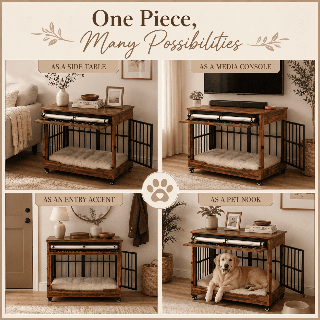 Aukfa 38.6-Inch Large Dog Crate Furniture, Indoor Dog Kennel Decorative Pet Cage End Table, Lift-Up Door, Curtain & Wheels,Brown