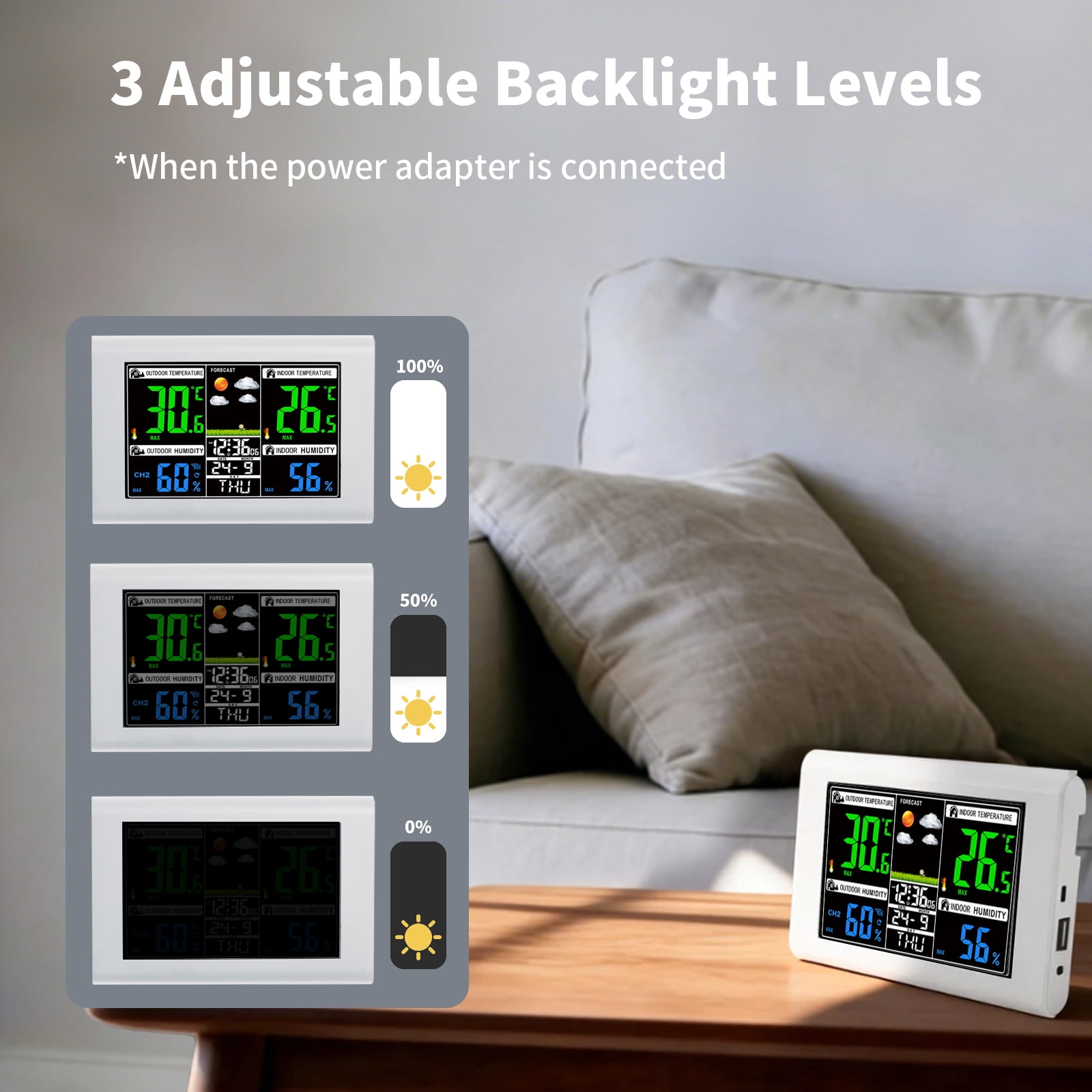 Weather Station Wireless Indoor Outdoor with Color Display, Atomic Clock & Alarm, Barometric Pressure, Forecast, Adjustable Backlight - 3-Level Backlight, White, 1 Sensor