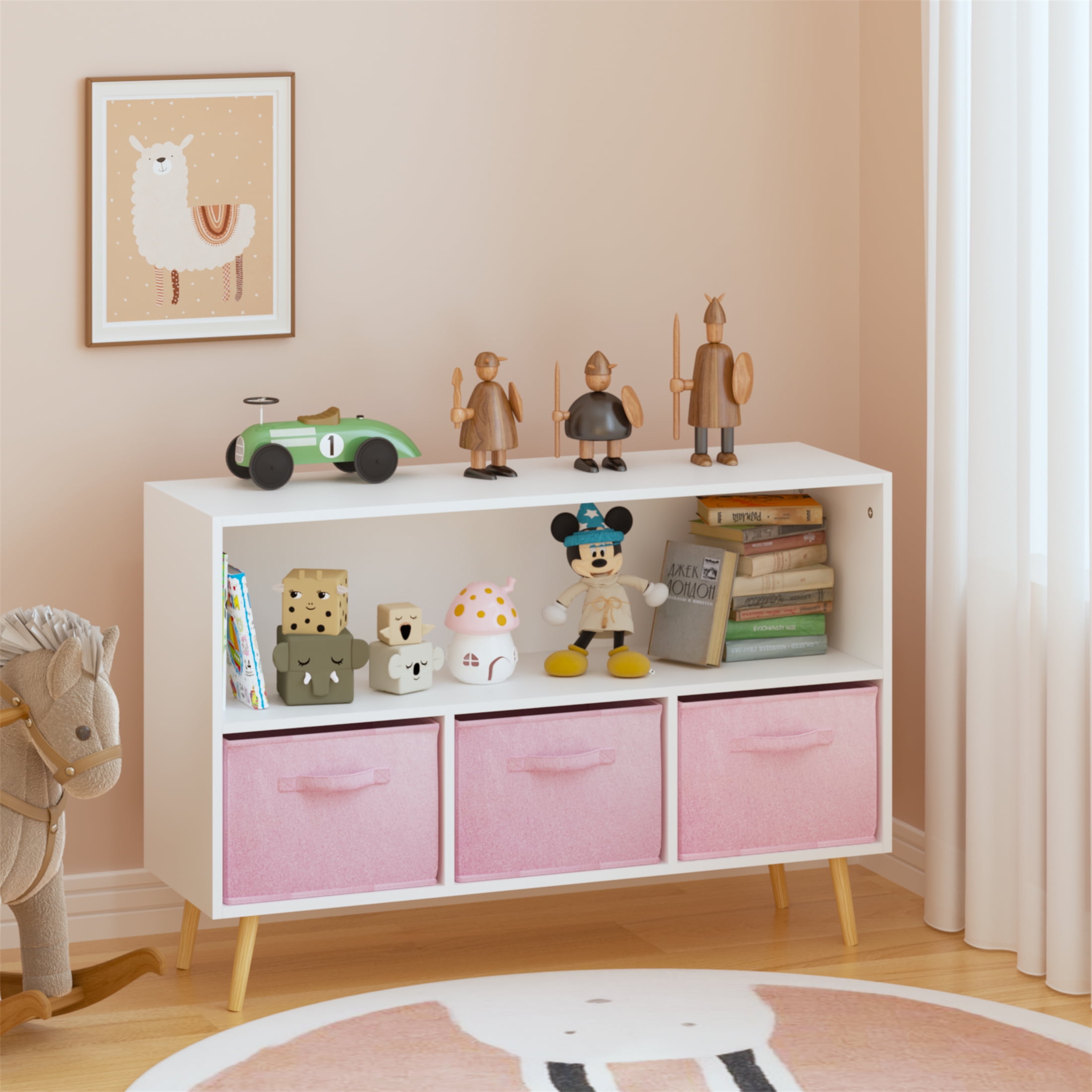 White and Pink Kids Bookcase with 3 Fabric Drawers, 6-Cube Toy Storage Organizer with Wall Anchor, 20-Gallon Capacity Children's Bookshelf for Nursery, 23.6 Inches High