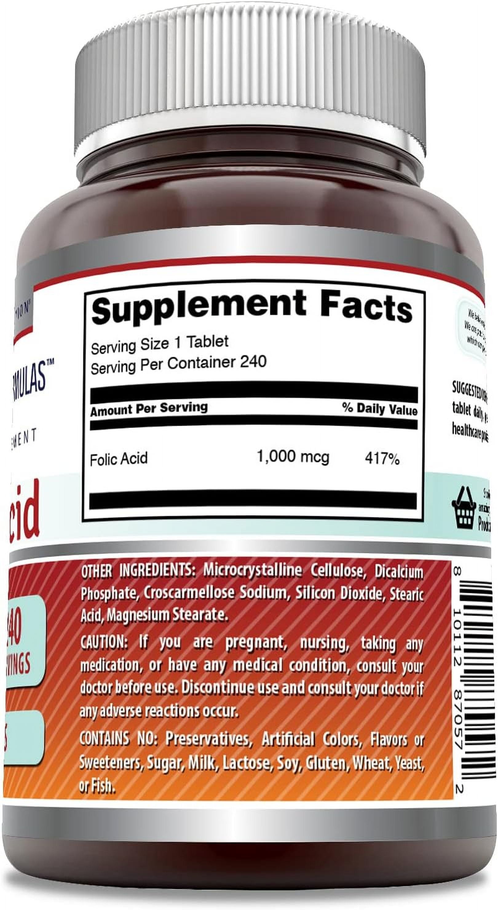 Amazing Formulas Folic Acid 1000 mcg Per Serving (1 mg) 240 Tablets Supplement | Vitamin B9 | Non-GMO | Gluten Free