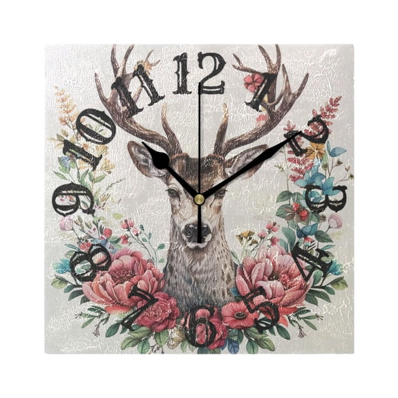 Leaves Deer and Flowers Wall Clock Square Silent Non Ticking Battery Operated Clock for Home Bathroom Kitchen Bedroom Living Room