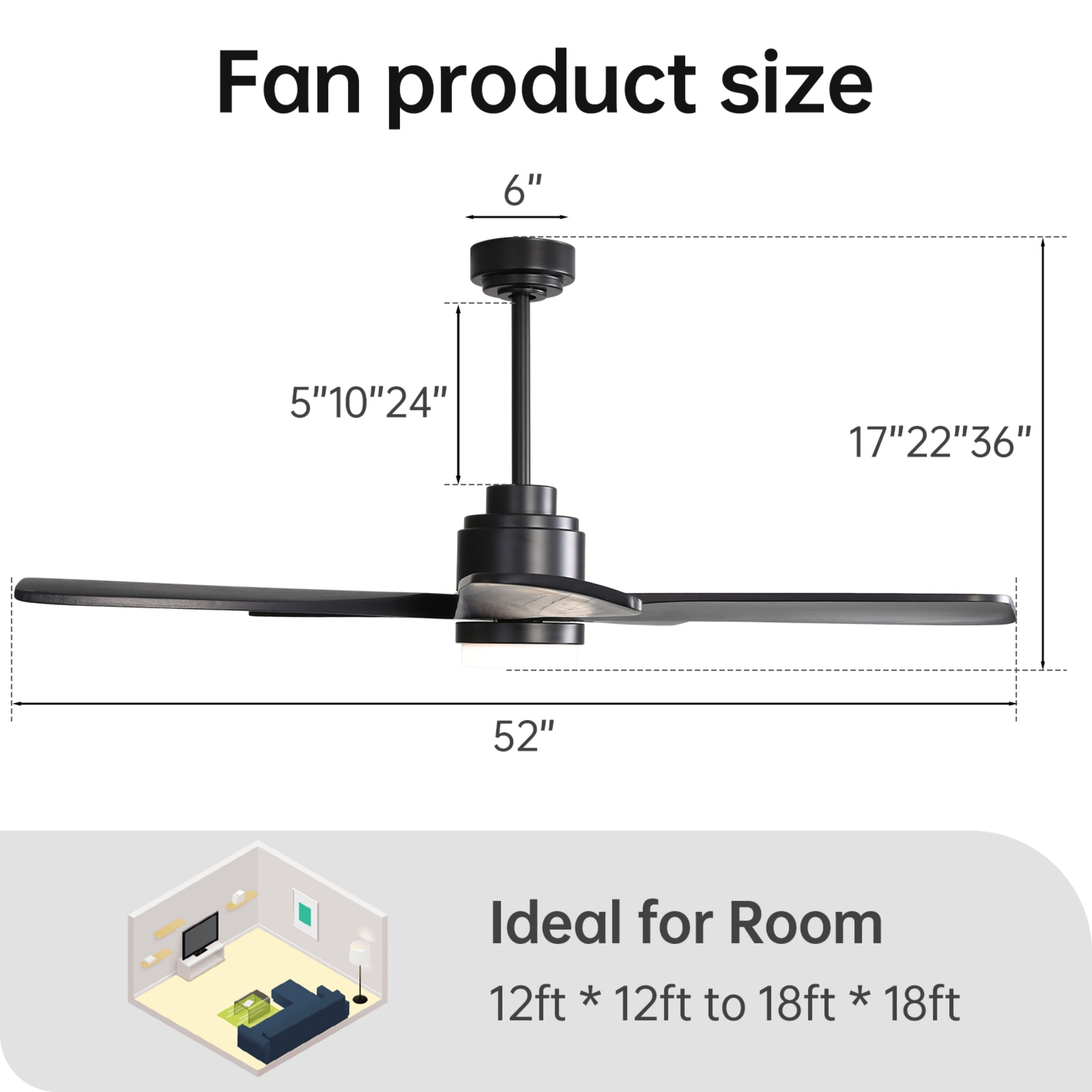 Sofucor 52-Inch Black Wood Blade Ceiling Fan with LED Light and Remote Control - Modern, Farmhouse, Contemporary