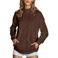 thumbnail image 3 of Dazajoo Mock Neck Hoodie Women Basic Solid Long Sleeve Sweatshirts with Pockets Lightweight Casual Athletic Hooded Pullover,Brown,XL, 3 of 8
